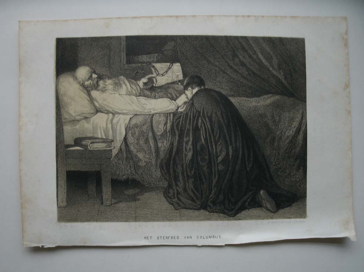 antique print (prent) - Het sterfbed van Columbus.