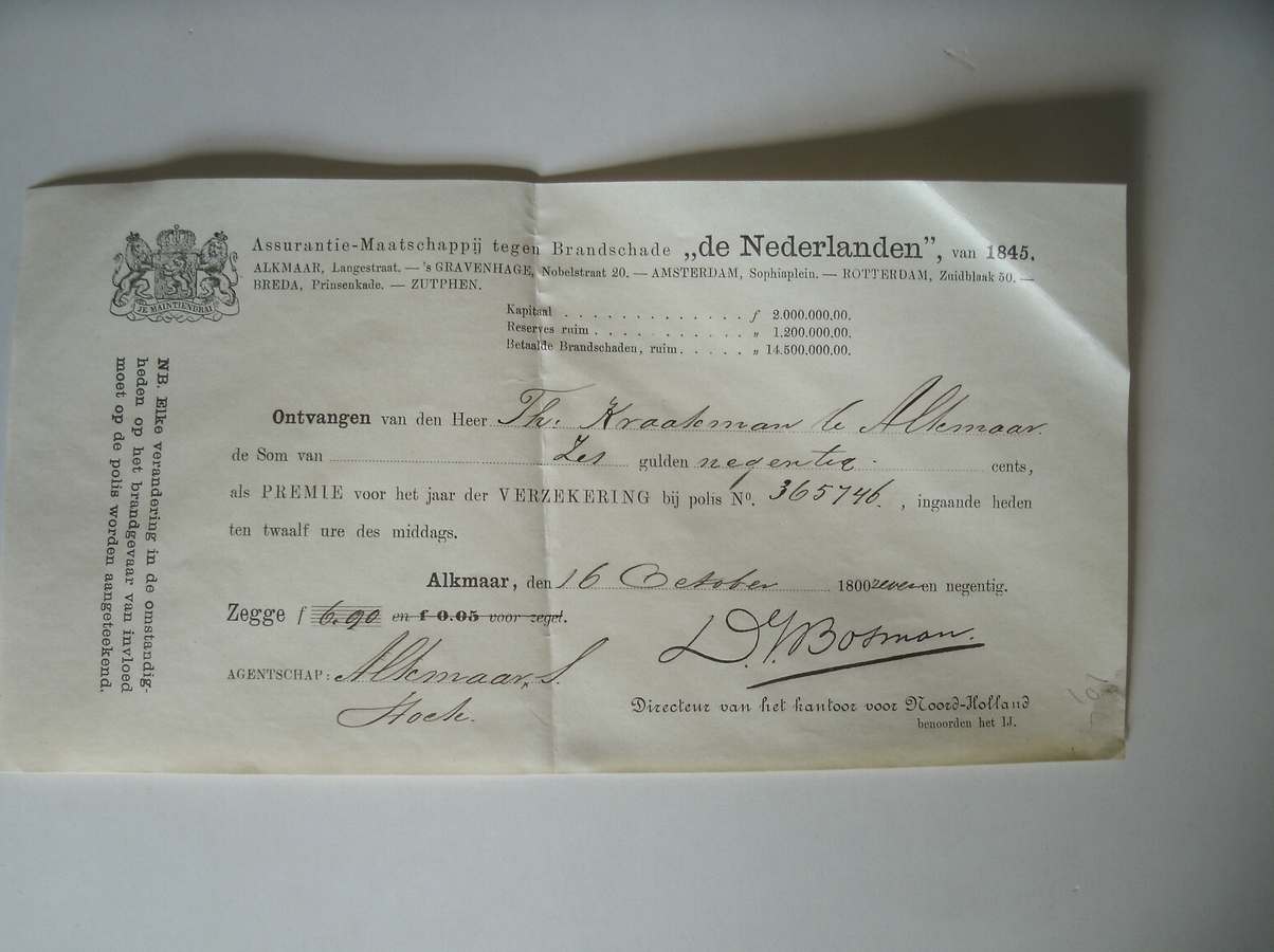 KWITANTIE. manuscript. - Ontvangen van den Heer Th. Kraakman te Alkmaar zes gulden negentig cents (..).