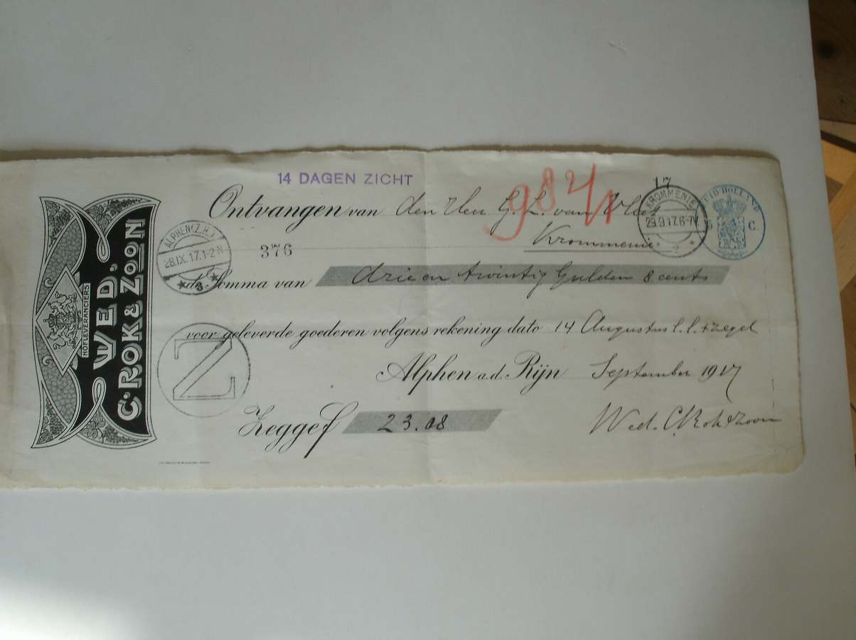 kwitantie. manuscript. - Wed. C. Rok & Zoon. Ontvangen van G.L. van vliet. (..) voor geleverde goederen.