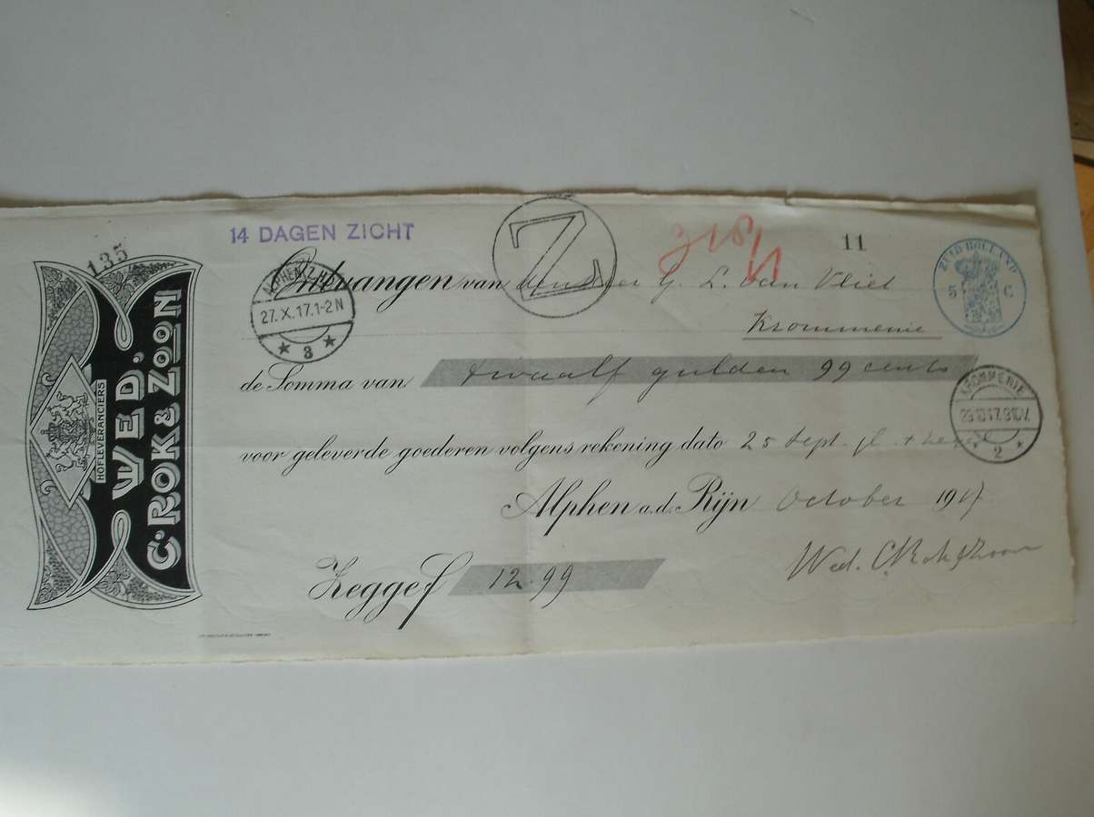 kwitantie. manuscript. - Wed. C. Rok & Zoon. Ontvangen van G.L. van Vliet Krommenie (..).