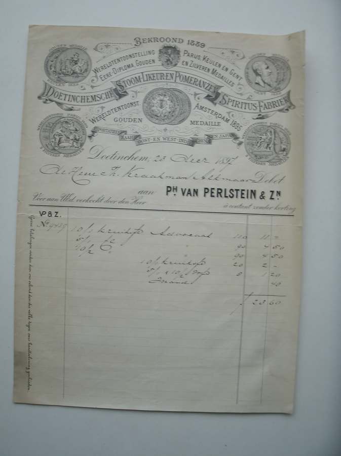 rekening. manuscript. - Doetinchemsche stoom-likeur pomeranz en spiritus-fabriek. Aan Ph. van Perlstein & zn.