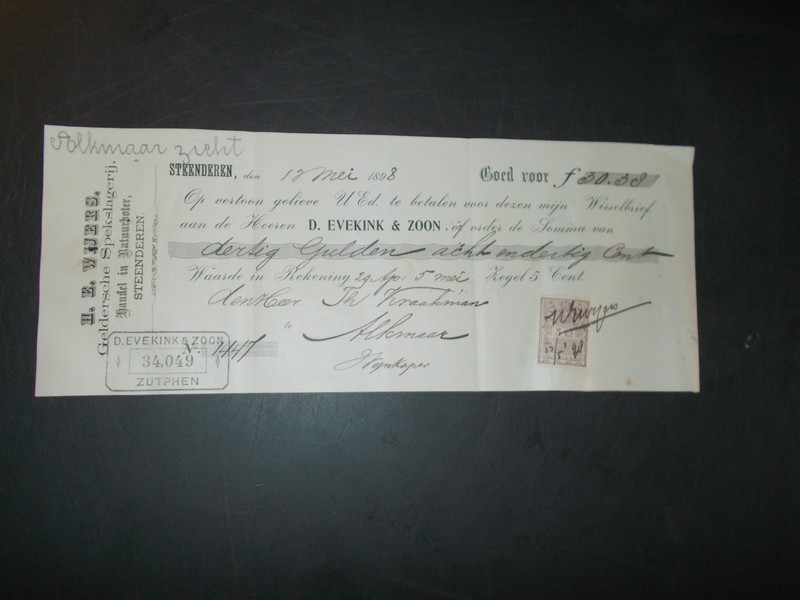 rekening. manuscript. - H.E. Wijers. Geldersche Spekslagerij, handel in natuurboter, Steenderen.