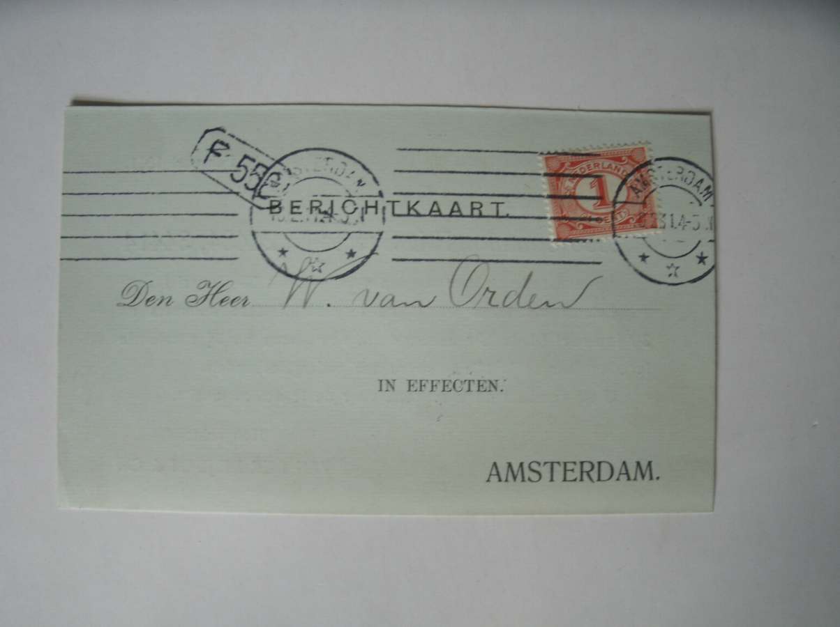 briefkaart. postcard. - (Effectenbeurs) Vermist $2000 common Erie shares no.24434, 34414. (..).