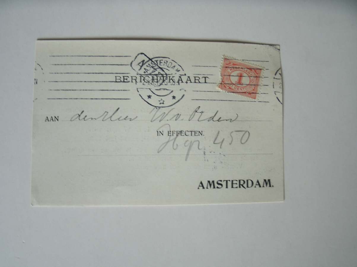 briefkaart. - (Effectenbeurs) Vermist (..). no. 73587 Common Steel na 27 april 1910 en no.23946 na 14 juni 1910. (..). Geerlings & co.