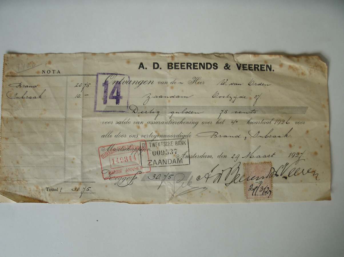 rekening. manuscript. - A.D. Beerends & Veeren. Ontvangen van (..). assurantierekening (..) brand, inbraak (..).