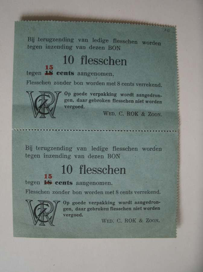 (ROK, C.), - Wed. C. Rok & zoon. (..) tegen inzending van dezen bon 10 flesschen tegen 15 cents aangenomen. (..) gebroken flesschen niet worden vergoed.