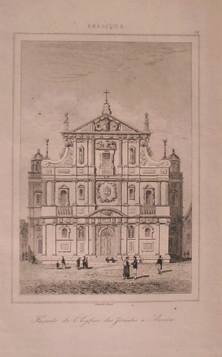 antique print (prent) - Facade de l`eglise des Jesuites a Anvers (Antwerpen).