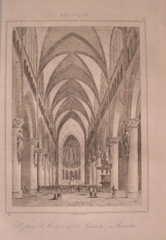 antique print (prent) - Eglise St. Michel et St. Gudules a Bruxelles. (Brussel, Sint-Michiel en Sint-Goedele).