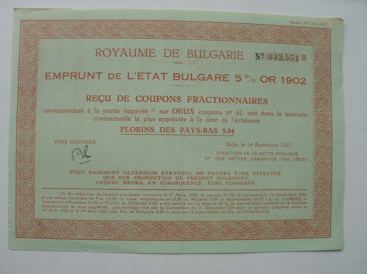 antique stock. - Royaume de Bulgarie. Emprunt de l`etat Bulgare 5 % Or 1902. Recu de coupons fractionaires (..) florins de Pays-Bas 5,04.
