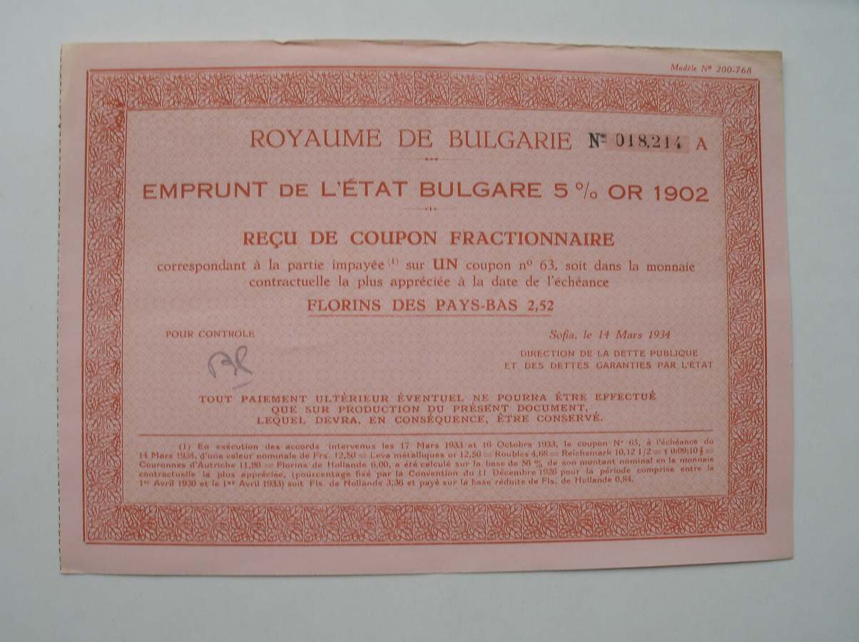 antique stock. - Royaume de Bulgarie. Emprunt de l`etat Bulgare 5 % Or 1902. Recu de coupons fractionaires (..) florins de Pays-Bas 2,52