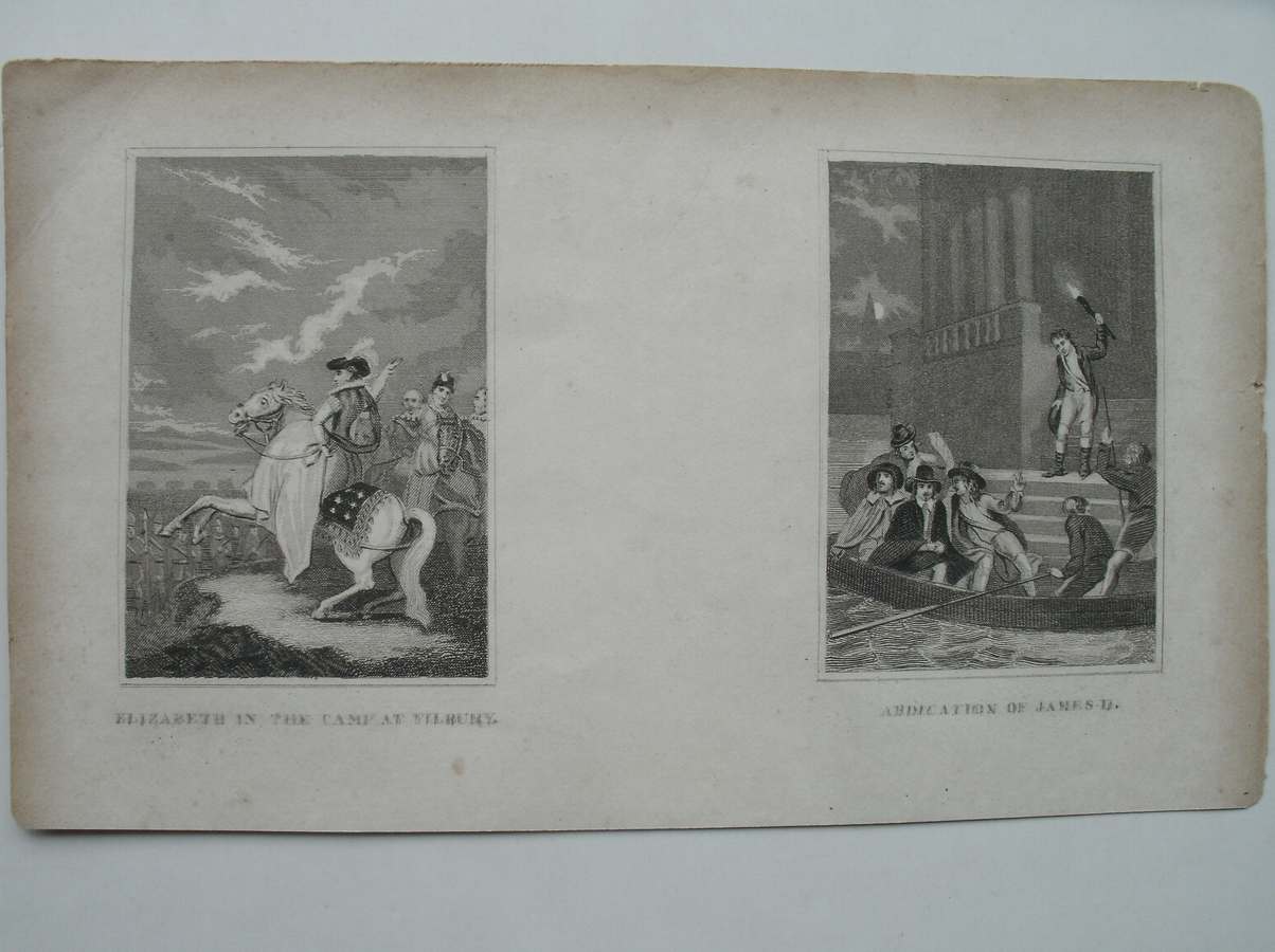 antique print (prent) - Elisabeth in the camp at Tilbury. Abdication of James II.