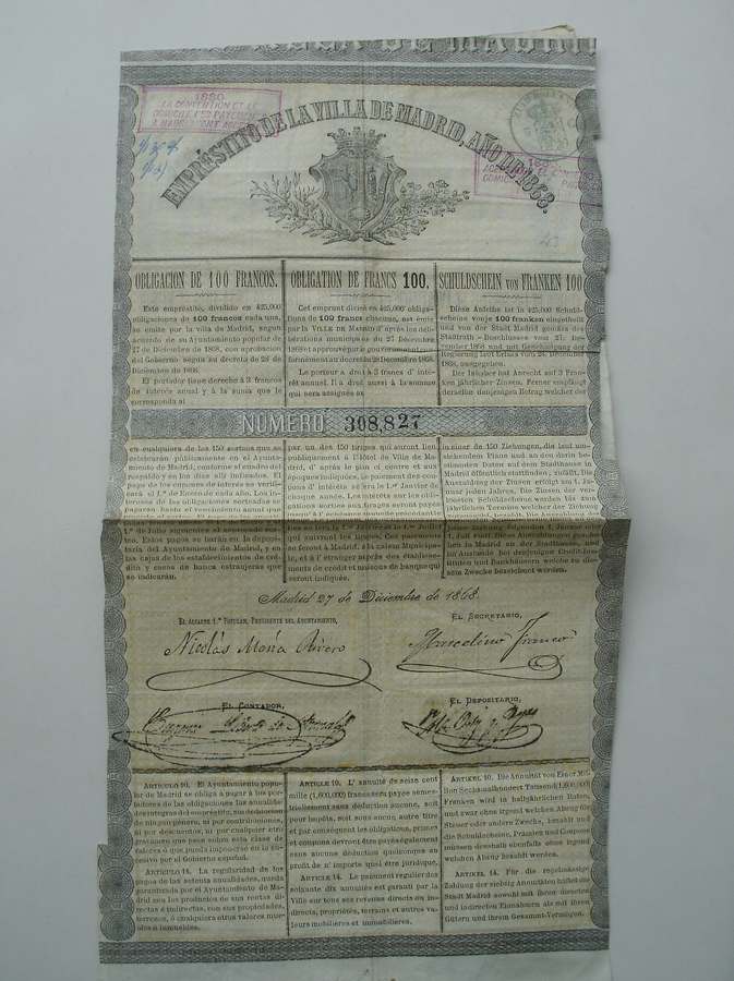 antique stock. - Obligacion de 100 francs. Emprestito de la villa de Madrid, ano de 1868.