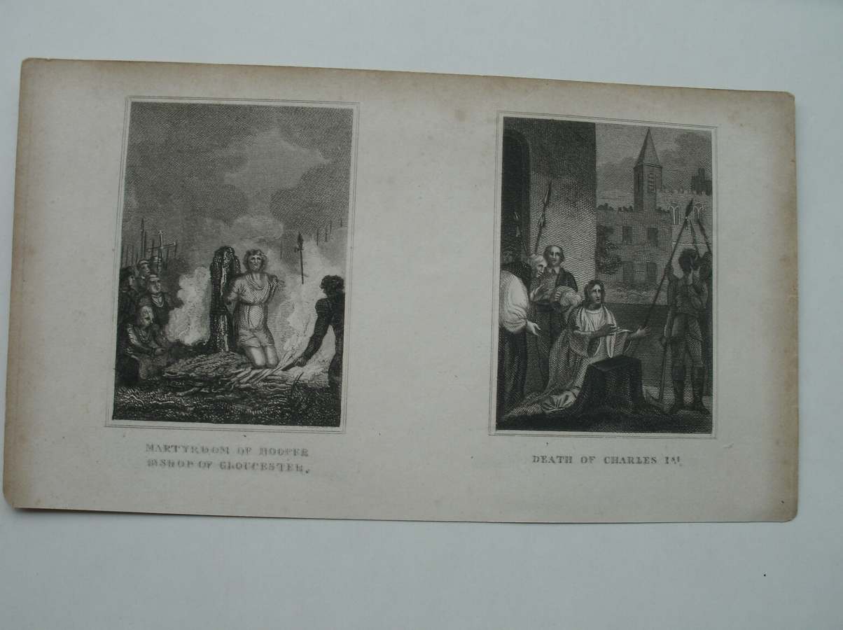 antique print (prent) - Martyrdom of Hooper Bishop of Gloucester. Death of Charles I st.