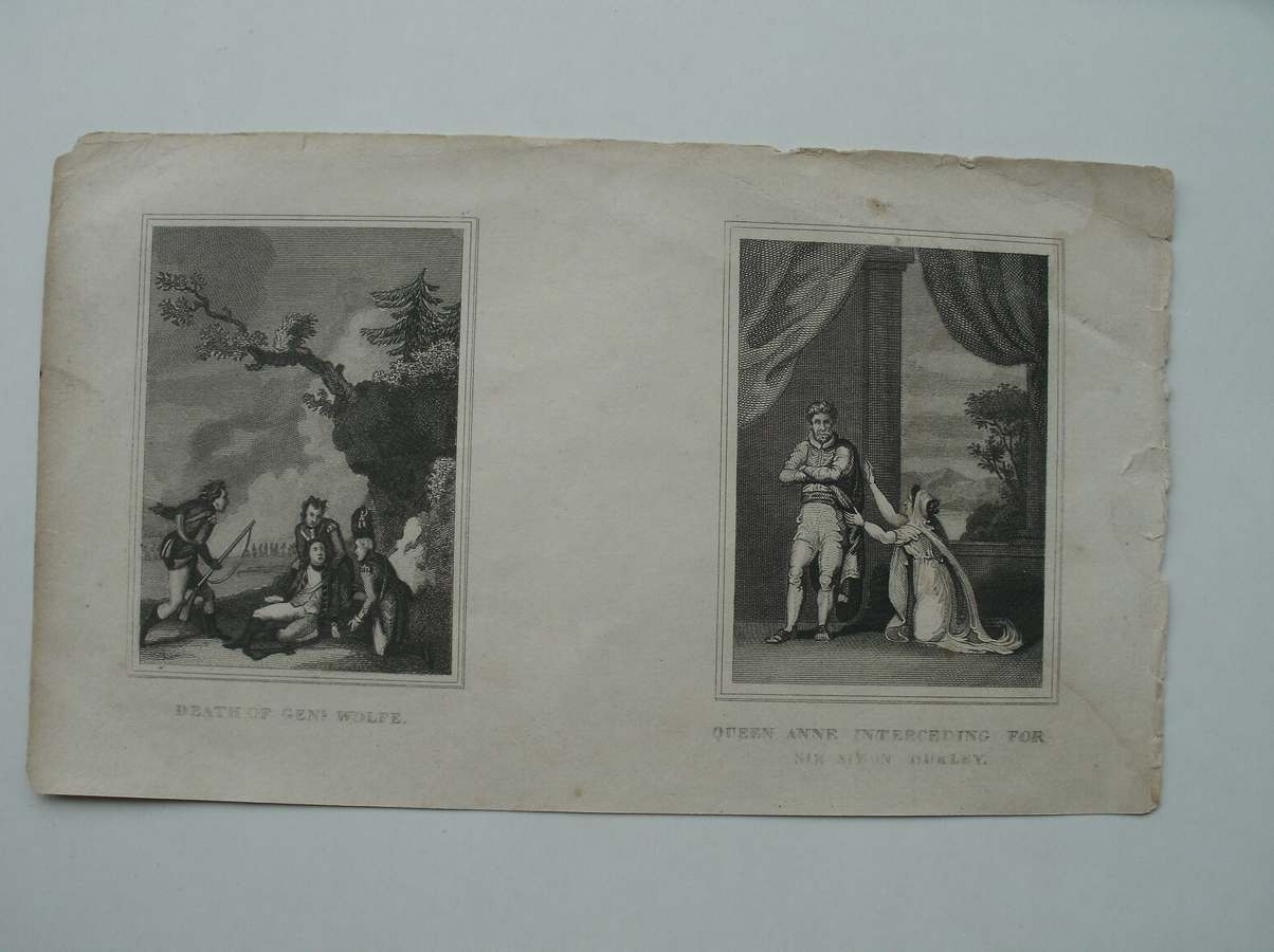 antique print (prent) - Death of General Wolfe. Queen Anne interceding for Sir Simon Buckley.