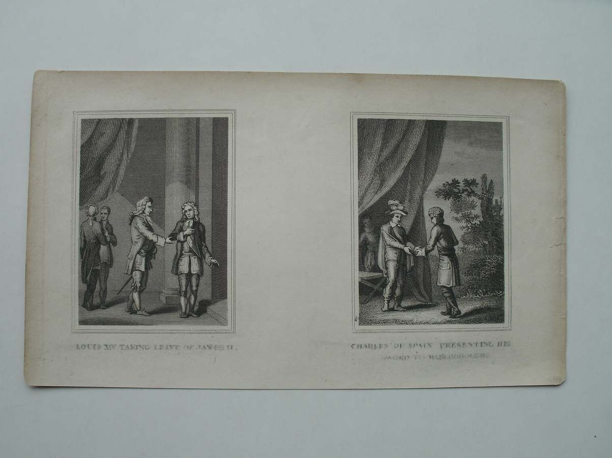 antique print (prent) - Louis XIV taking leave of James II. Charles of Spain presenting his sword to Marlborough.