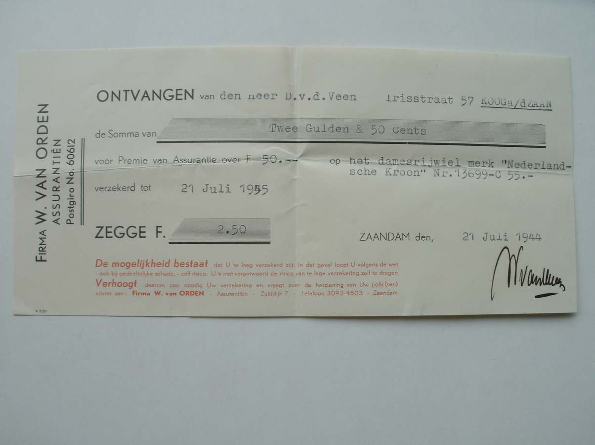(zaanstreek). - Ontvangen van den Heer D. v.d. Veen. Irisstraat 57 Koog a/d Zaan. (..). Premie van Assurantie over f 50,- op het damesrijwiel merk Nederlandsche Kroon (..).