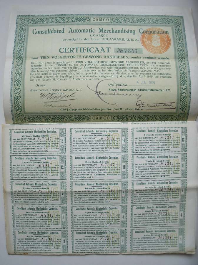 ANTIQUE STOCK. (Aandeel) - Consolidated Automatic Merchandising Corporation (CAMCO) gevestigd in den staat Delaware, USA.