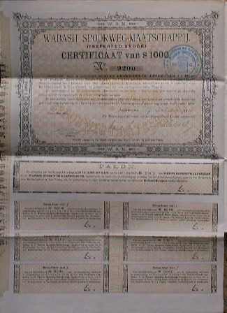 ANTIQUE STOCK. (Aandeel) - Wabash spoorweg maatschappij. Preferred stock. certificaat van $1000 dollar.