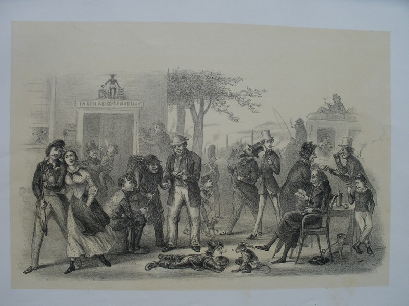 antique print (prent) - Het nicotiaansche kruid. (roken). 1843.