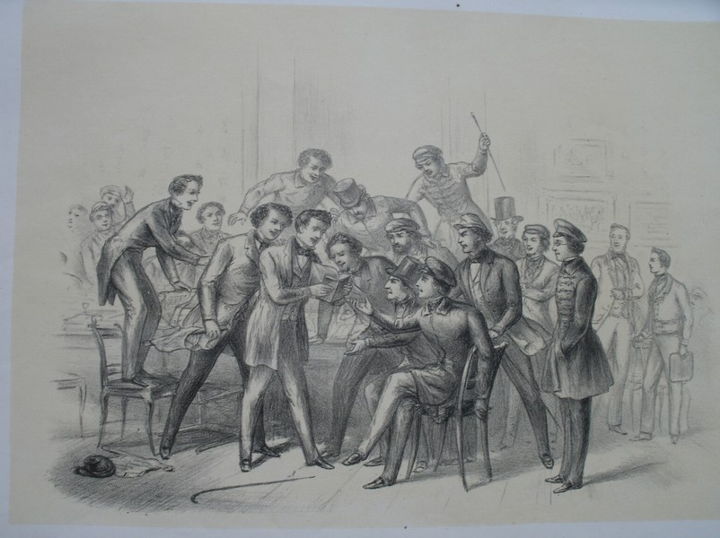 antique print (prent) - Redacteur te zijn. Het eerste exemplaar van den Nieuwen Almanak op de societeit. 1841.
