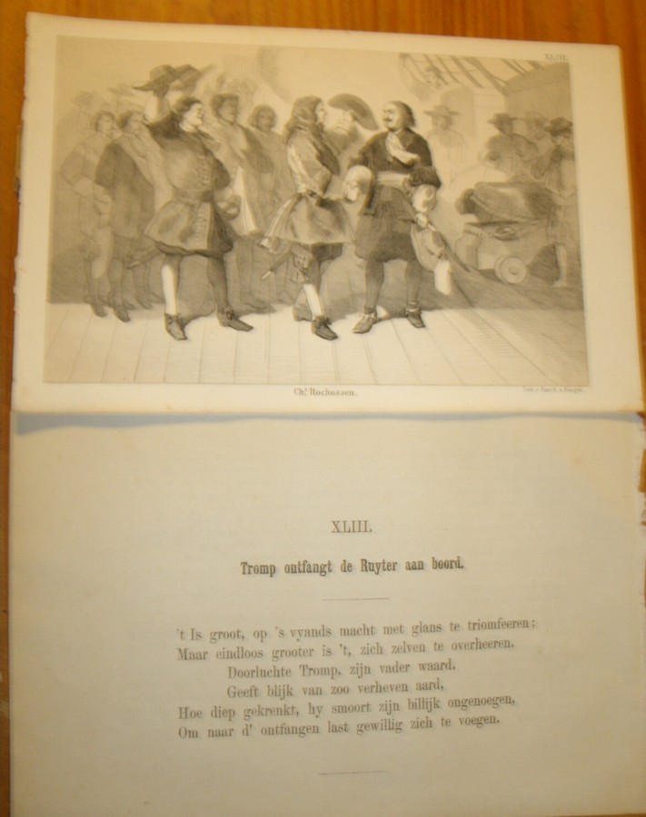 antique print (prent) - Tromp ontfangt de Ruyter aan boord.