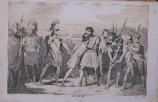 antique print (prent) - Juliaan schenkt aan den vorst der Chamaven zijn zoon terug.