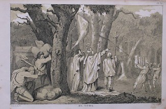 antique print (prent) - Het heilig bosch wordt omgehouwen.
