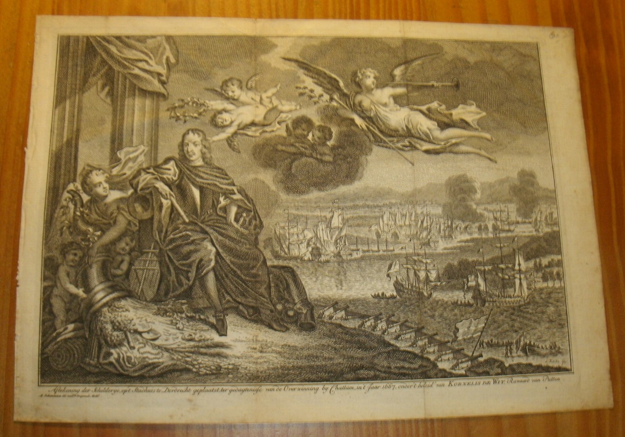 antique print (prent) - Aftekening der schilerye op `t stadhuis te Dordrecht geplaatst ter gedagtenisse van de overwinnning by Chatham,