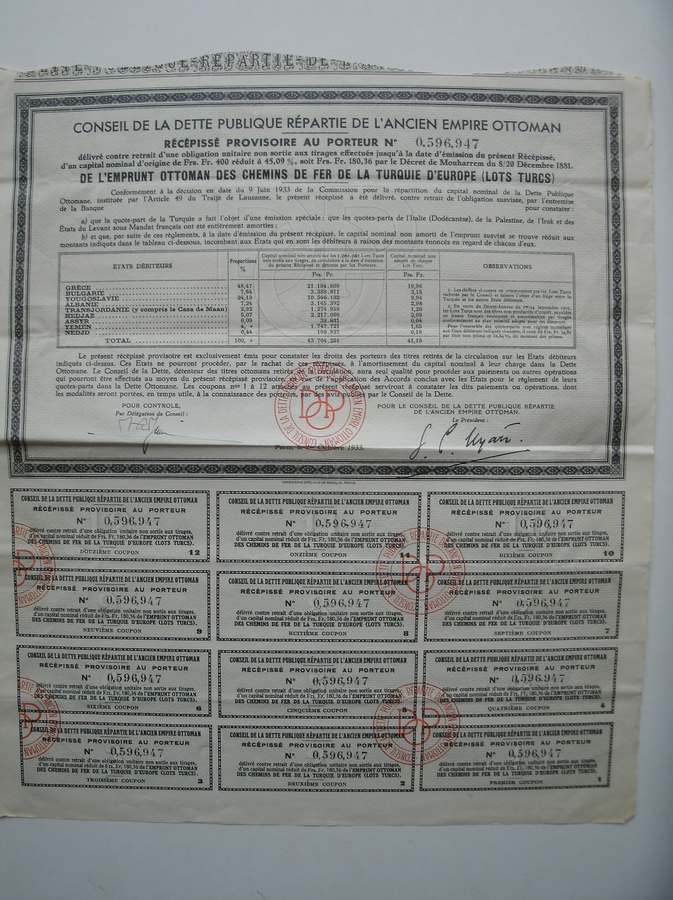 antique stock. (aandeel). - Conseil de la dette publique repartie de l`ancien Empire Ottoman, recepisse provisoire au porteur no (..).