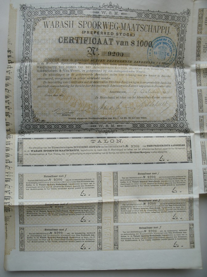 antique stock. (aandeel). - Wabash spoorweg maatschappij. Preferred stock. certificaat van $1000 dollar.