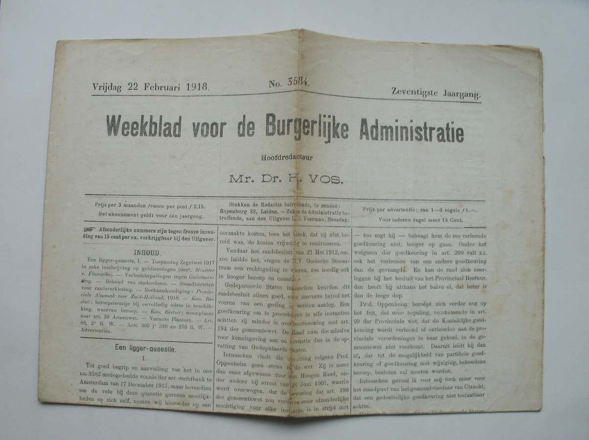 VOS, H. (RED.), - Weekblad voor de burgerlijke administratie.