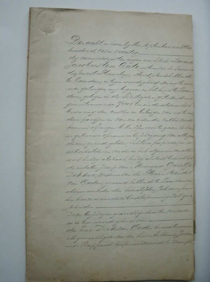 (genealogie, zaanstreek). - (van Orden family). Afschrift akte van boedelbeschrijving der nalatenschappen van Grietje Dekker, Weduwe van Meindert van Orden.