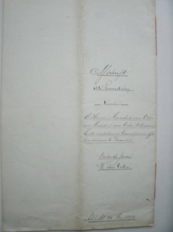 (genealogie, zaanstreek) - (van Orden family). Afschrift akte Vennootschap tusschen De heeren Meindert van Orden en Meindert van Orden Willemszoon beide makelaar en