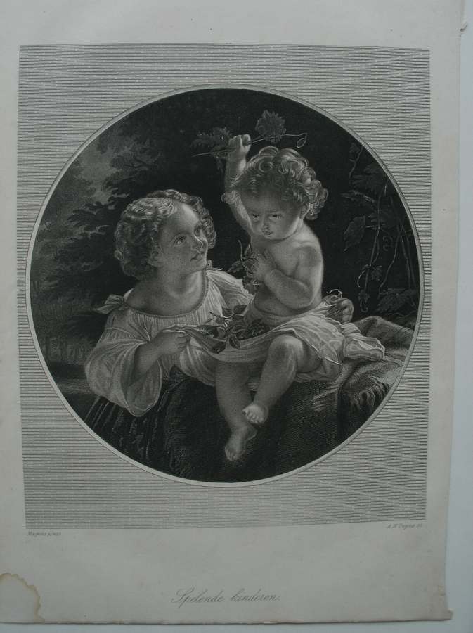 antique print (prent) - Spelende kinderen.