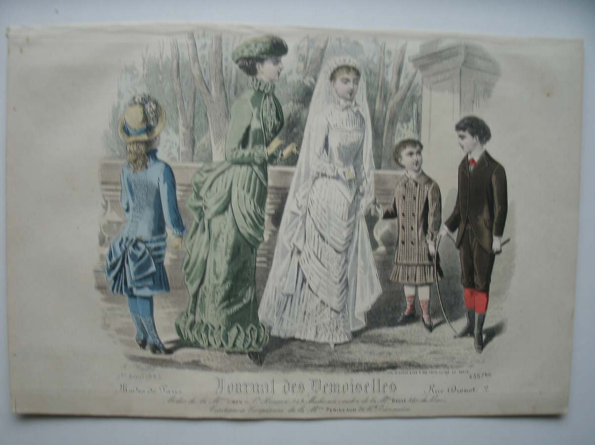 antique print (prent) - (bruidsjurk) Journal des Demoiselles. avril 1882.