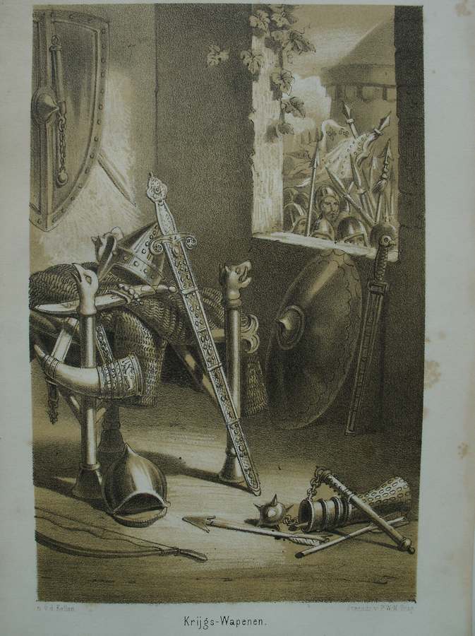 antique print (prent) - Karolingische oudheden. Krijgswapenen.