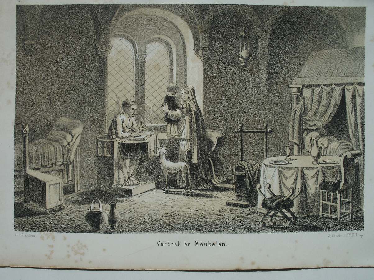 antique print (prent) - Karolingische oudheden. Vertrek en meubelen.