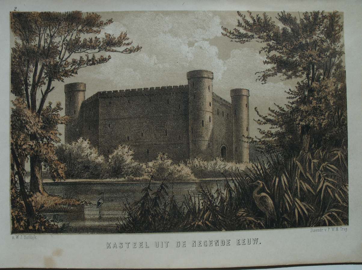 antique print (prent) - Kasteel uit de negende eeuw.
