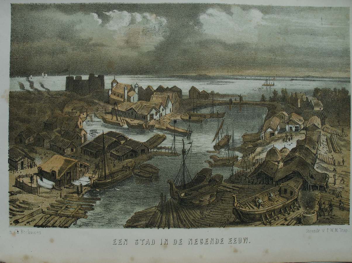 antique print (prent) - Een stad in de negende eeuw.