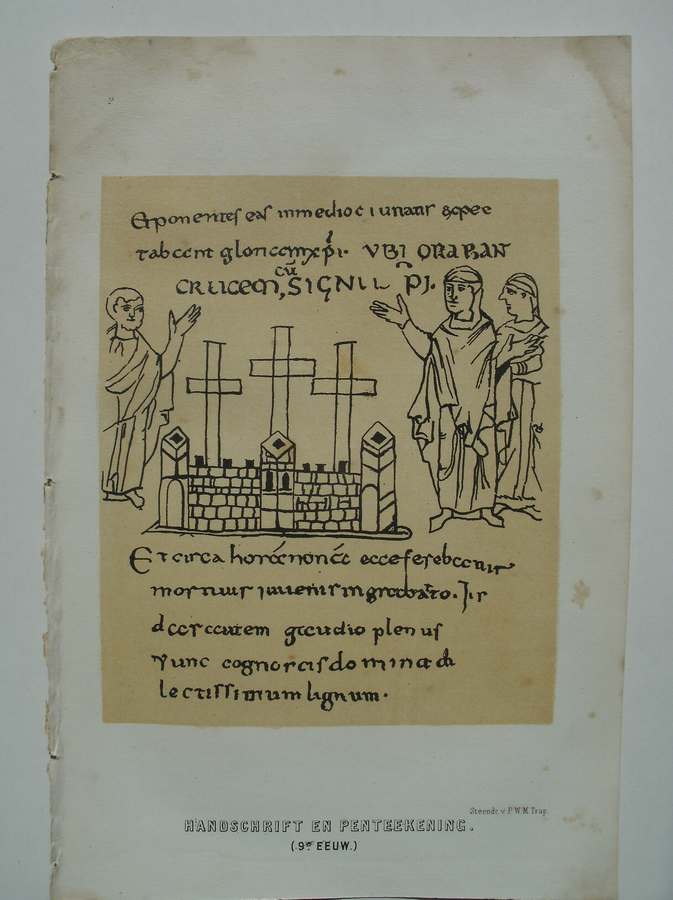 antique print (prent) - Handschrift en penteekening (9e eeuw).