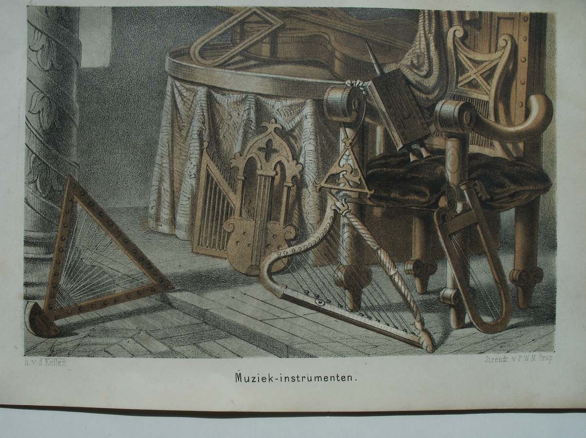 antique print (prent) - Karolingische oudheden. muziekinstrumenten.