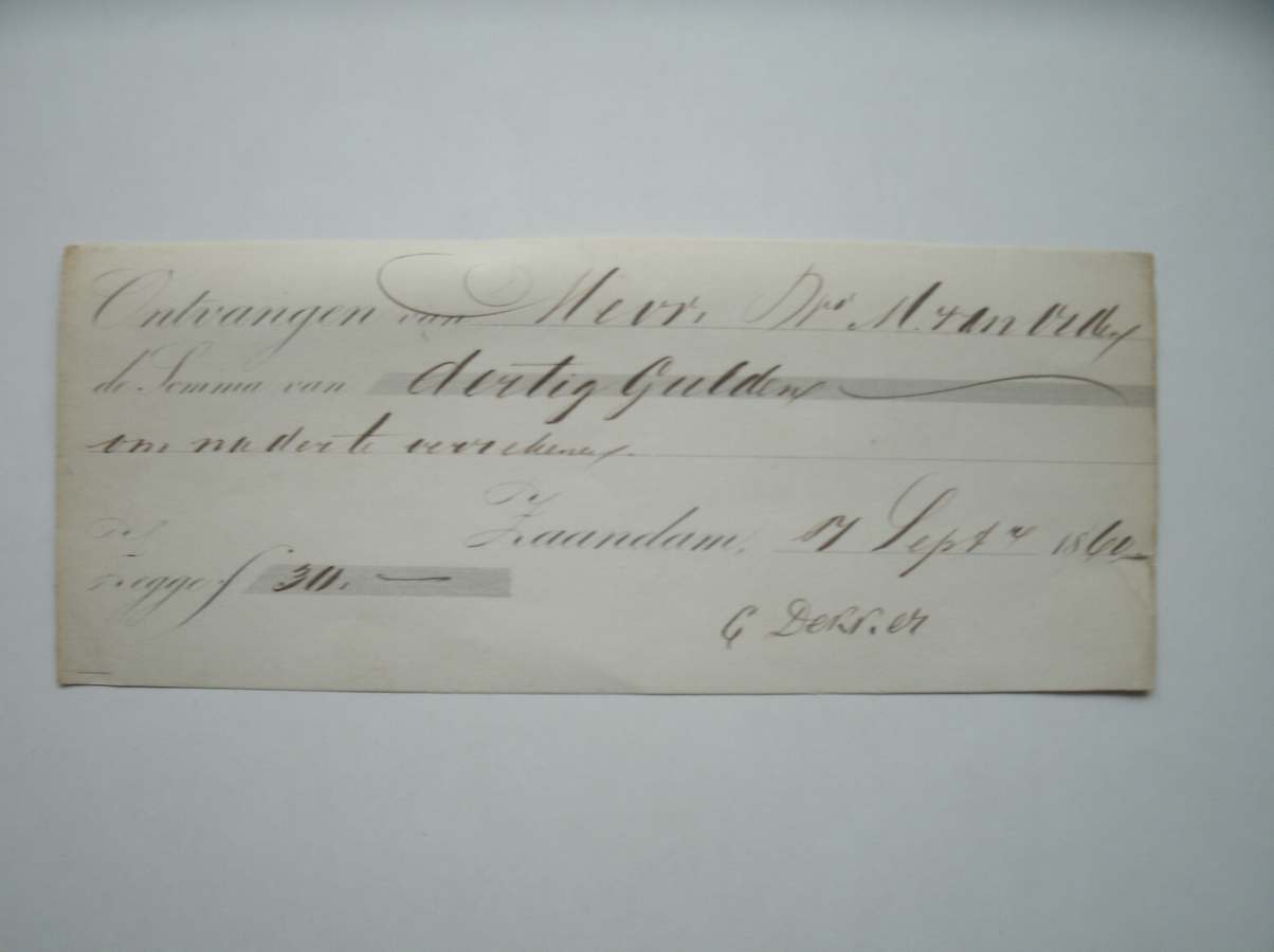 (genealogie, zaanstreek). - (Grietje Dekker). Ontvangen van Mevr. M. van Orden de somma van dertig gulden om nader te verekenen.