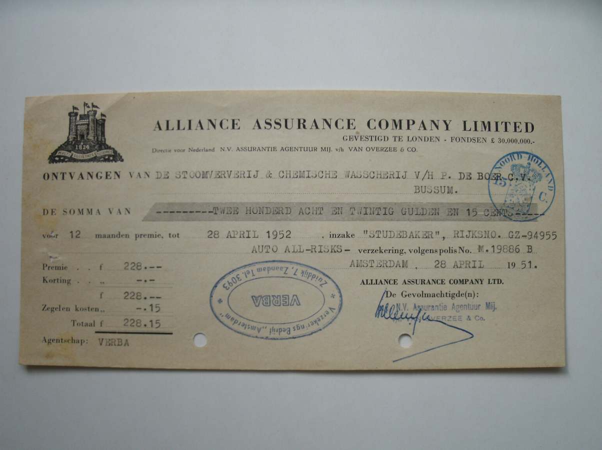 polis. - Alliance assurance company limitied. Kwitantie voor 12 maanden premie inzake 