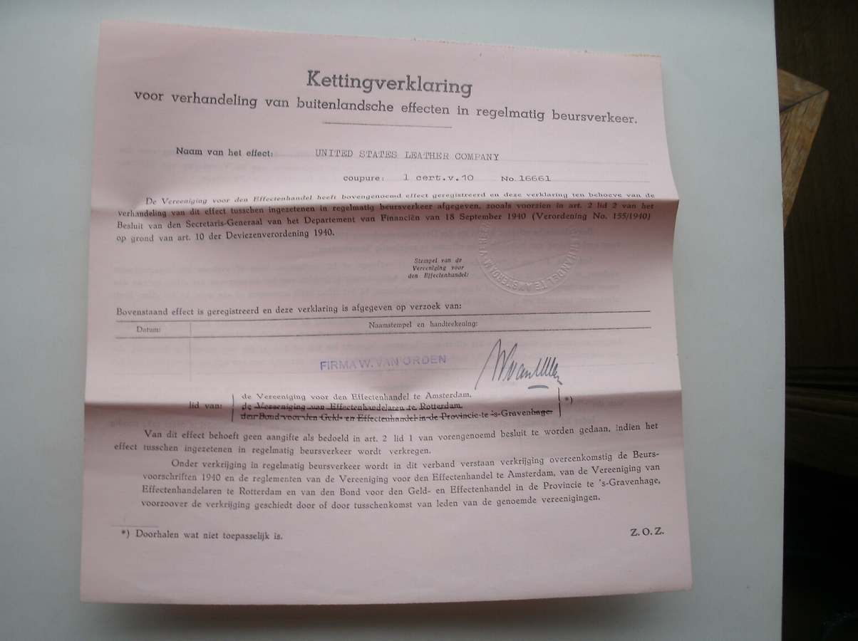 nn. - Kettingverklaring voor verhandeling van buitenlandsche effecten in regelmatig beursverkeer. United States leather company.