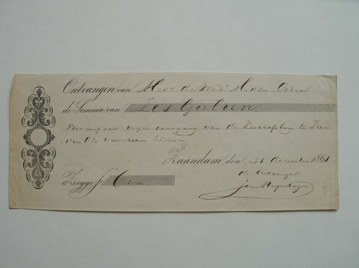 (zaanstreek). - (van Orden family). Ontvangen van den Wed. M. van Orden de somma van zes gulden. Jo van Heynsbergen.