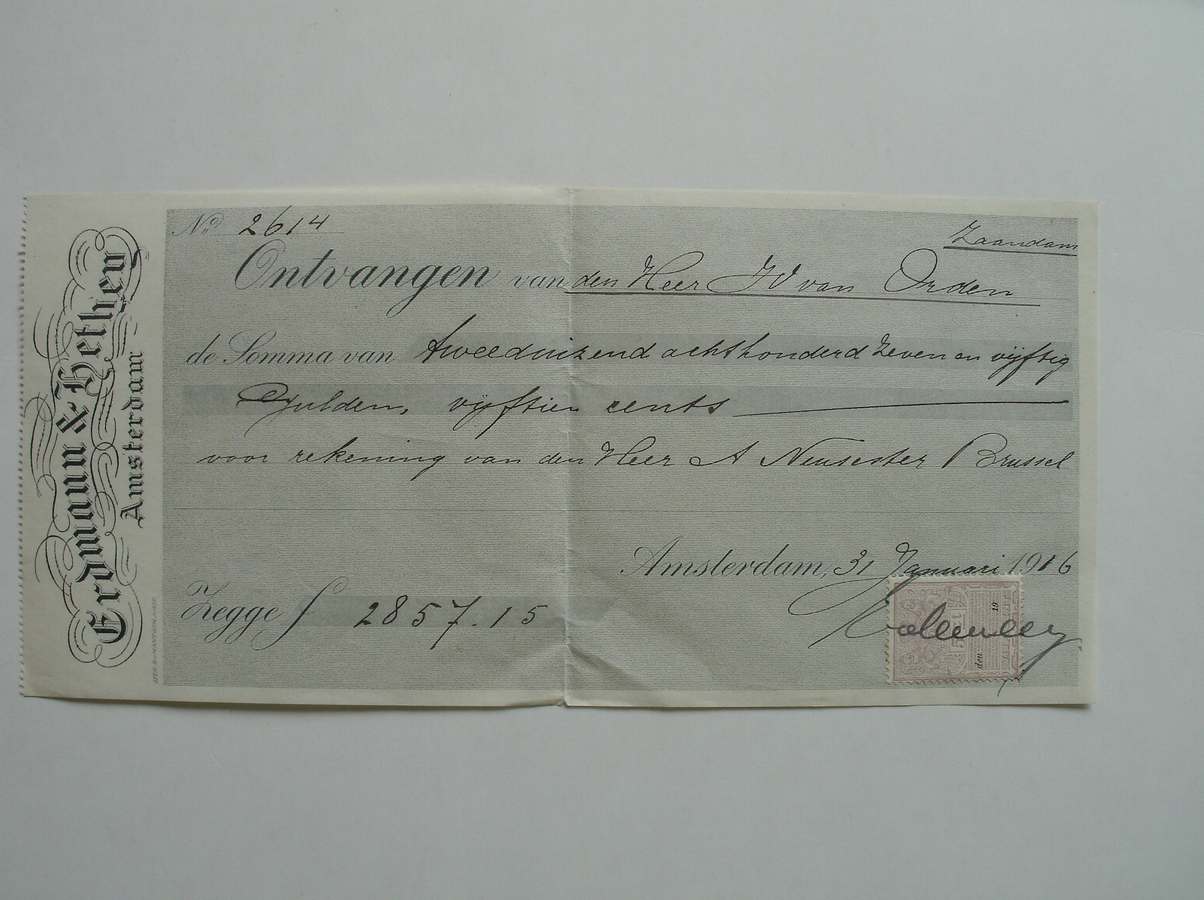 manuscript. - (van Orden family). Ontvangen van den Heer van Orden de somma van tweeduizend achthonderd zeven en vijftig gulden vijftien cents.