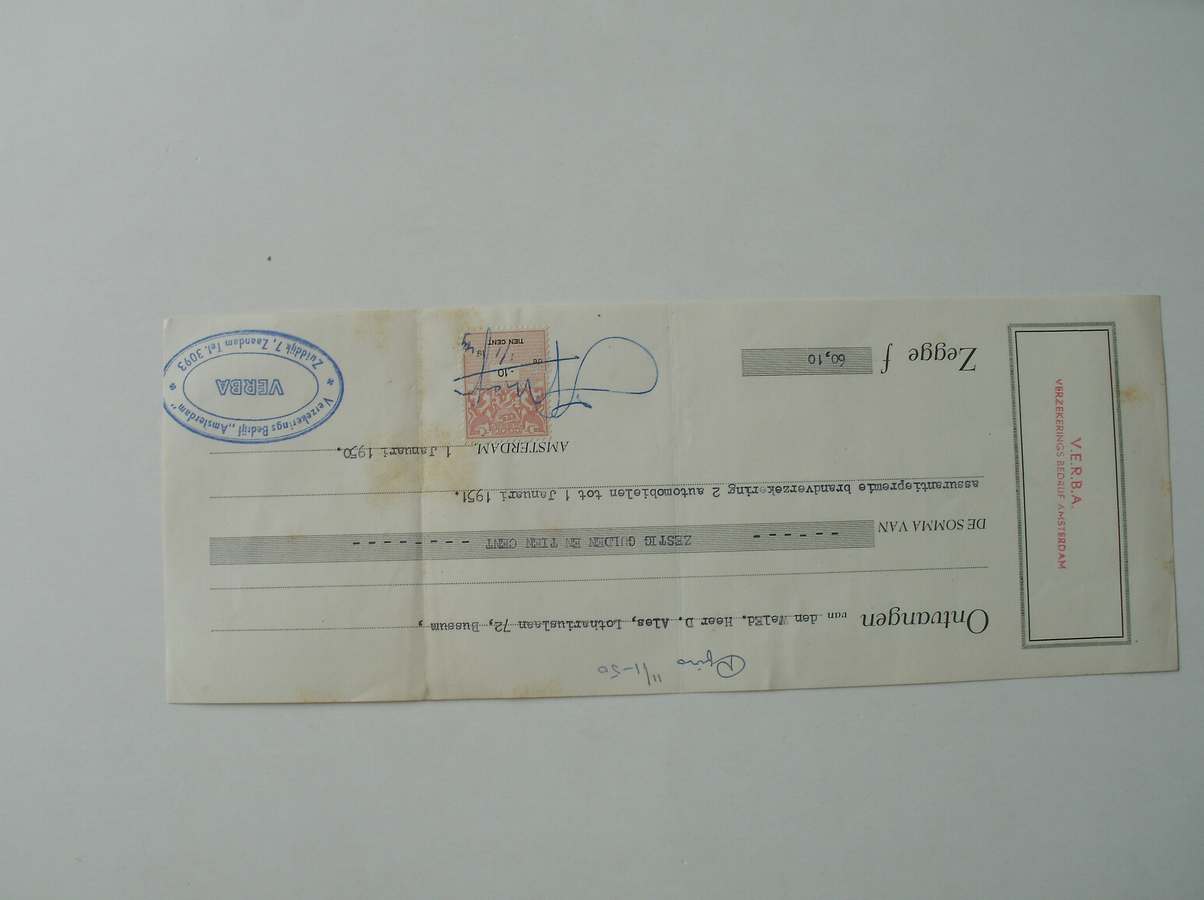 manuscript. - Ontvangen van D. Ales, Lothariuslaan 72, Bussum de somma van zestig gulden en tien cent (..). assurantie premie