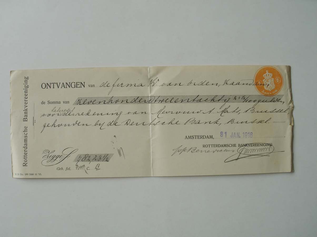 manuscript. - (van Orden family). Ontvangen van den Heer W. van Orden, Zaandam de somma van 782, 23 1/2 gulden.