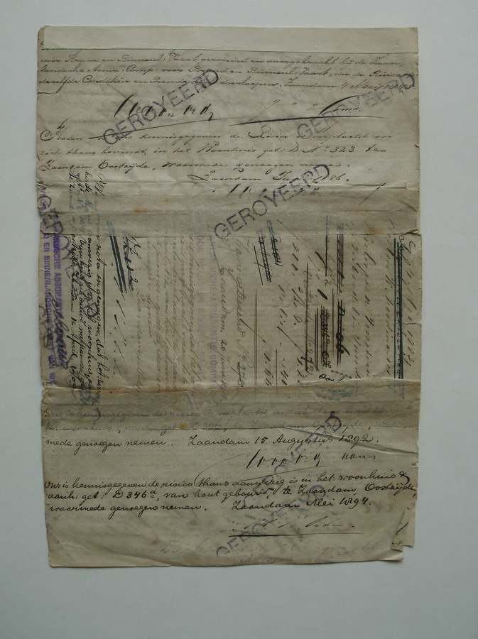 (genealogie, zaanstreek). - Inboedelverzekering. t.n.v. K. Ferdinandus.