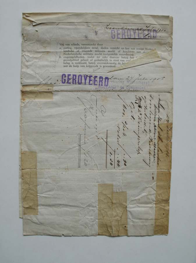 (genealogie, zaanstreek). - Inboedelverzekering. t.n.v. Wed. H. Masker. 2e Krimperslop.